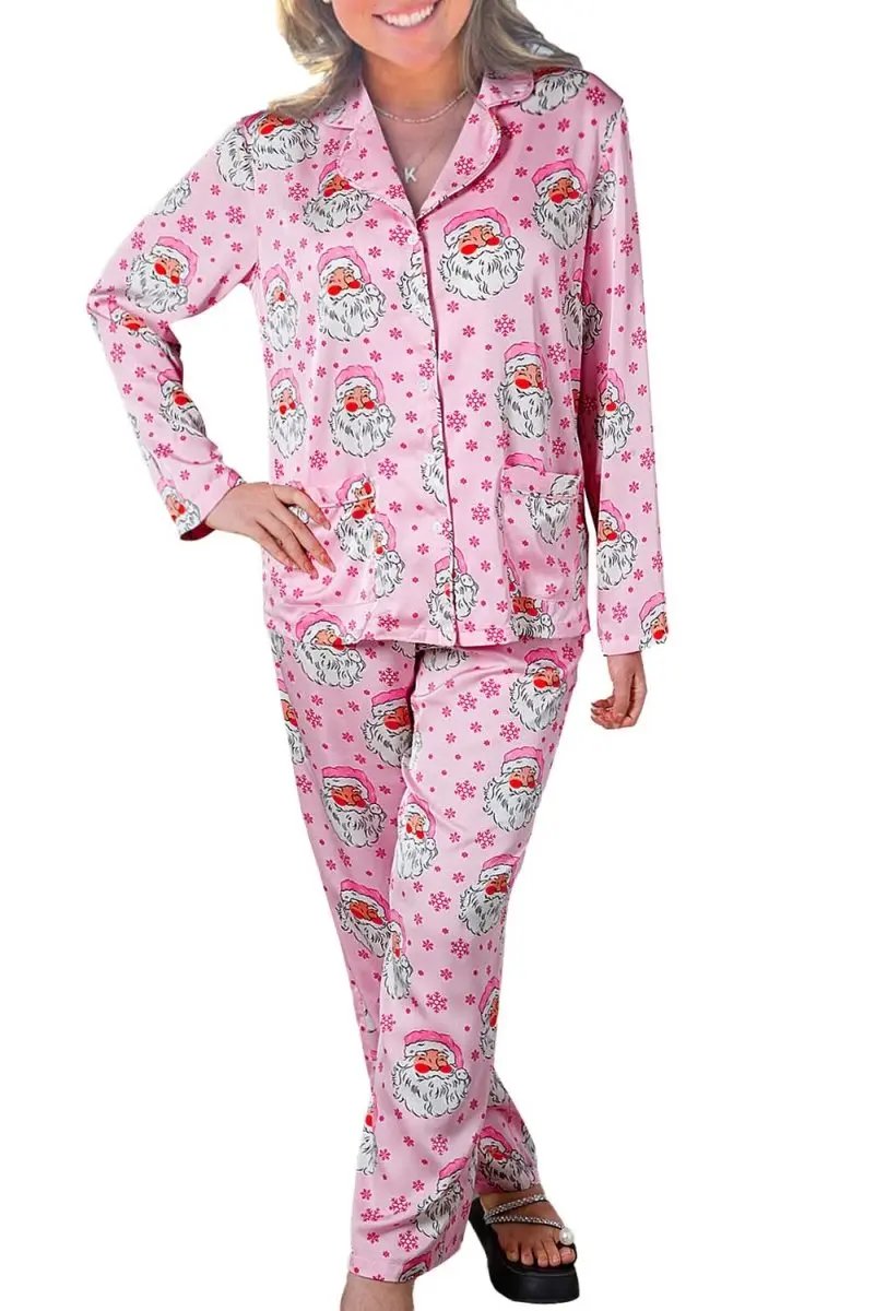 Pink Santa Claus Snowflake Long Sleeve Shirt Christmas Pajama Set - Love Salve